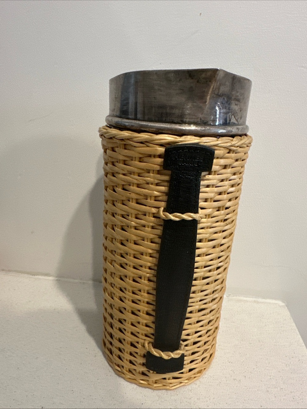 HERMES KELLY WICKER & Black LEATHER PICNIC PITCHER JUG PART OF SUITE - RARE!